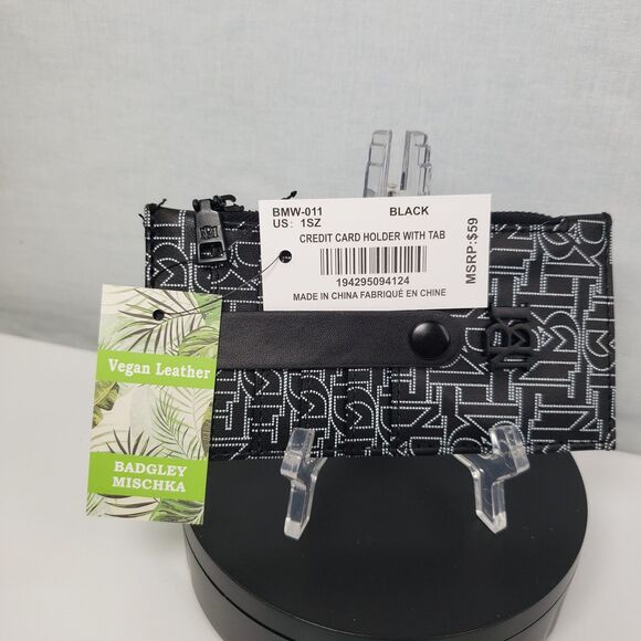 Badgley Mischka Black Credit Card Holder With Tab Vegan Leather Unisex - Picture 14 of 15